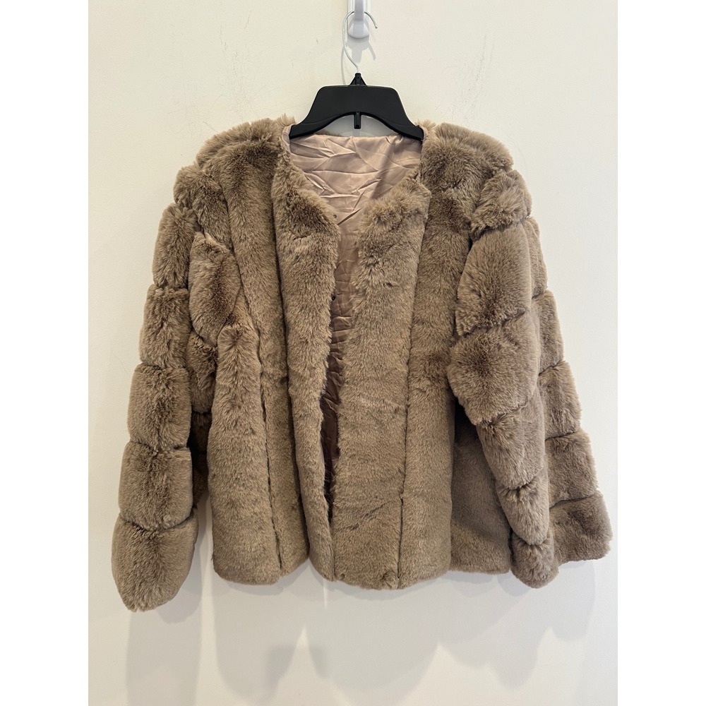 Women Luxe Taupe Brown Faux Fur Jacket Open Front Collarless Plush Coat XXL